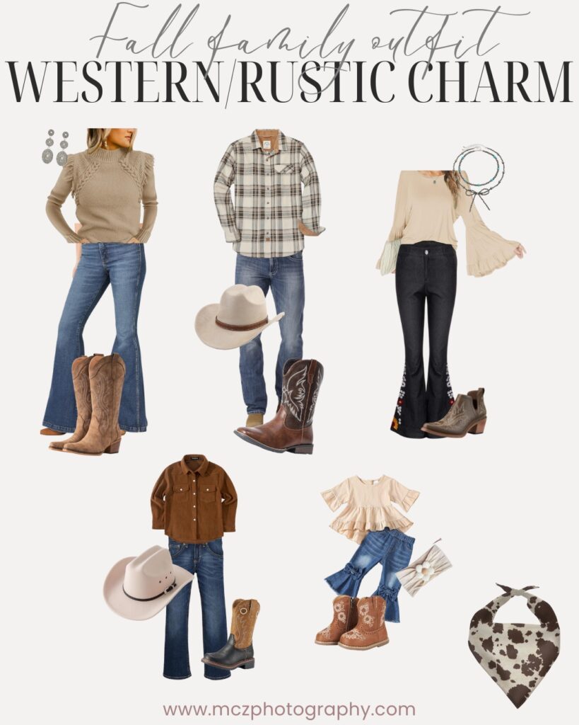 A fall family outfit guide for a western/rustic charm look. 