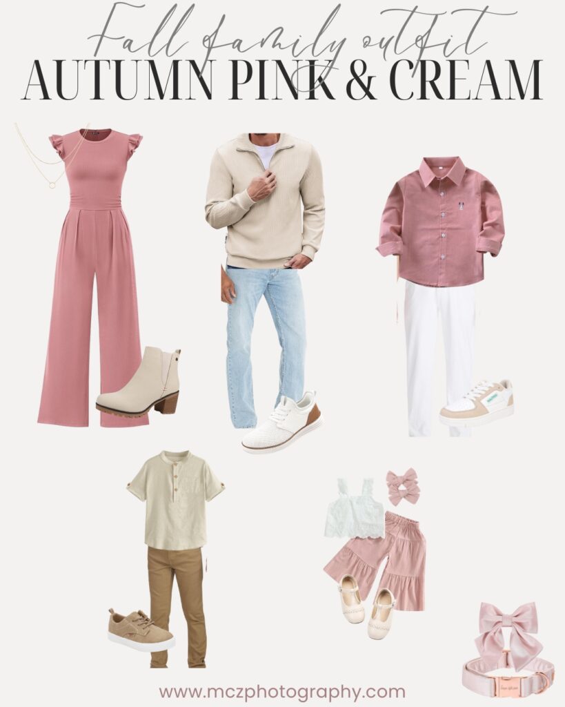 A fall family outfit guide for a Autumn pink and cream color palette look. 