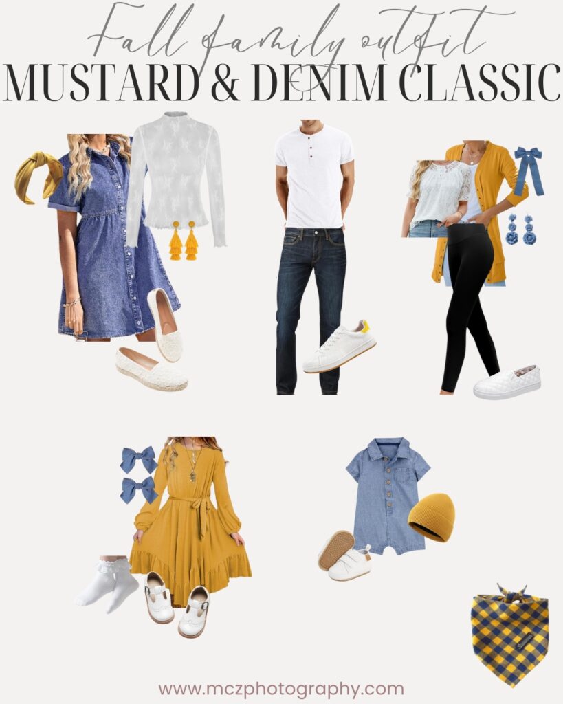 A fall family outfit guide for a mustard yellow and denim look. 