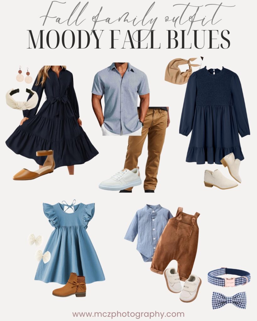 A fall family outfit guide for a blue fall look. 